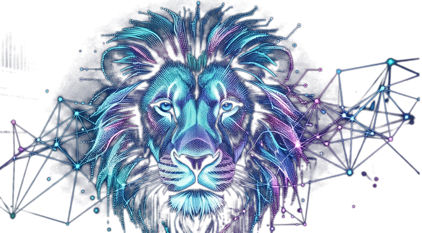 Lioncure - yapay zeka ve ağ temalı aslan illüstrasyonu